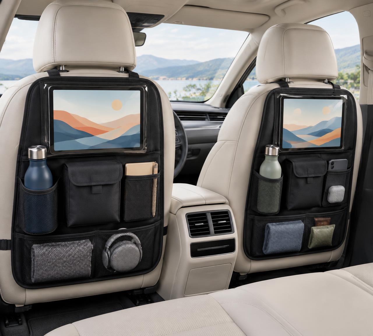 Organisateurs utilisés avec tablettes, boissons et accessoires dans une voiture