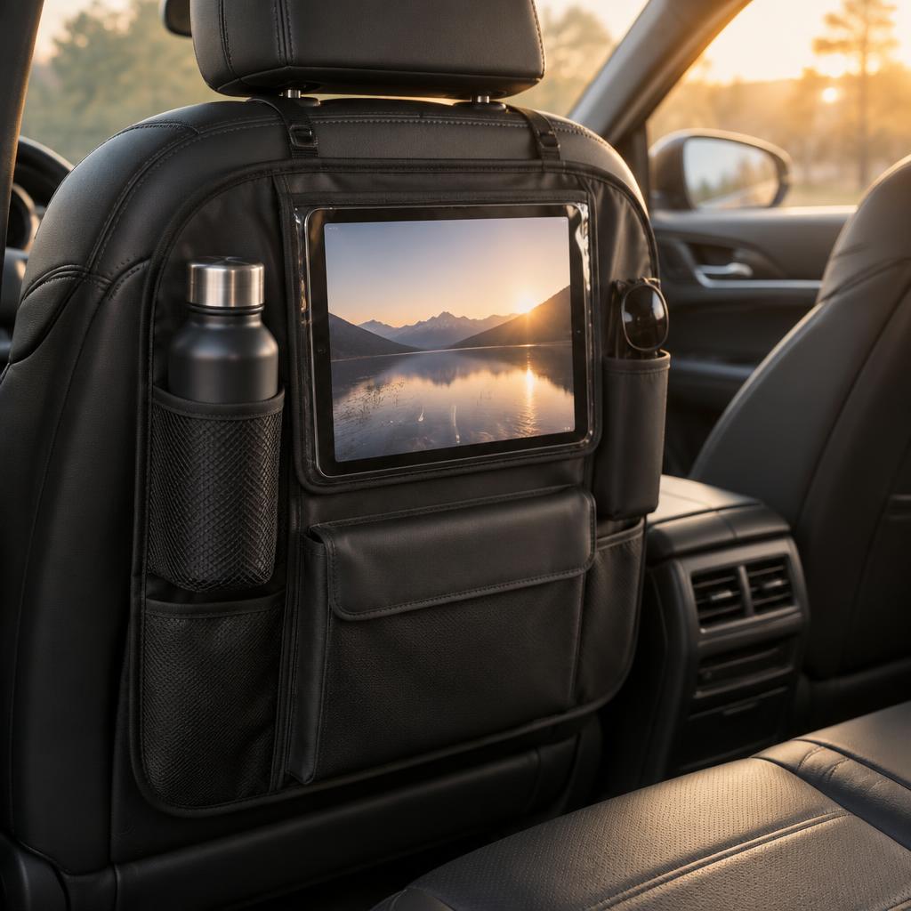 Organisateur CARPOCKET installé sur un siège en cuir noir, tablette dans la pochette transparente